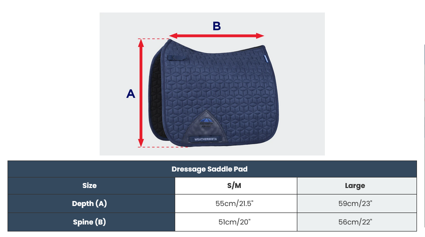 2025 WEATHERBEETA Suede Elite Air-Tec Dressage Saddle Pad  Tableau des tailles